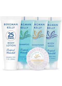 BERGMAN KELLY BERGMAN KELLY Hotel Toiletries Bundle (Tropical Waterfall, 1 oz each, 125 Pieces) 5-Piece Set: 25 each Round Bar Soap, Shampoo, Conditioner, Body Lotion & Body Wash - Bulk Mini Guest Amenities  - Image 1