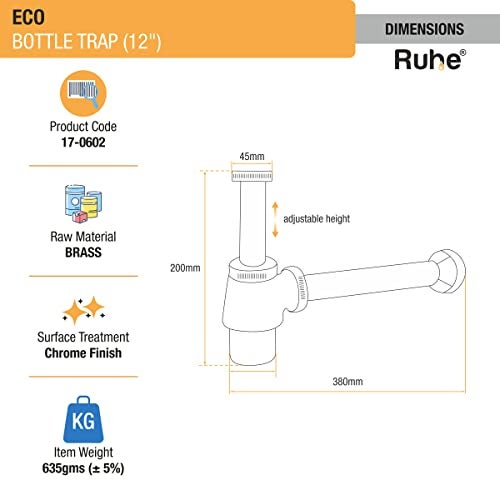 Ruhe� Brass Bottle Trap for Washbasins | Bottle Trap with Wall Flange and 12 Inches Pipe | Chrome Finish Bottle Trap for Basins and Sinks - Image 3