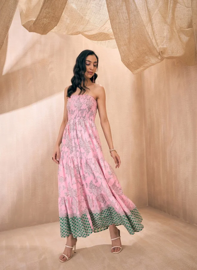 SASSAFRAS Pink Floral Strapless Maxi Dress for Women