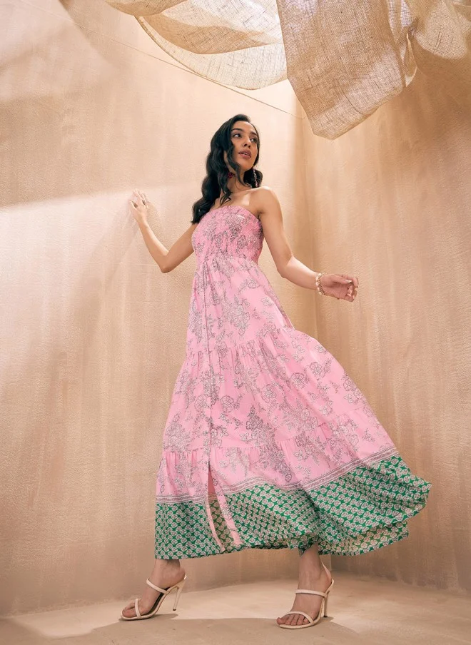 ساسافراس Pink Floral Strapless Maxi Dress for Women