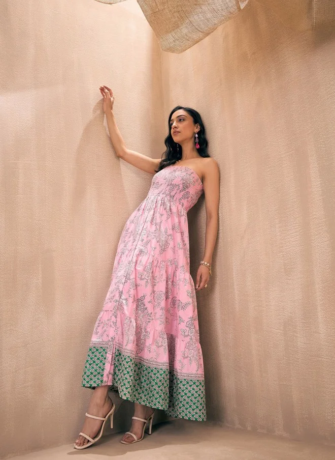 ساسافراس Pink Floral Strapless Maxi Dress for Women