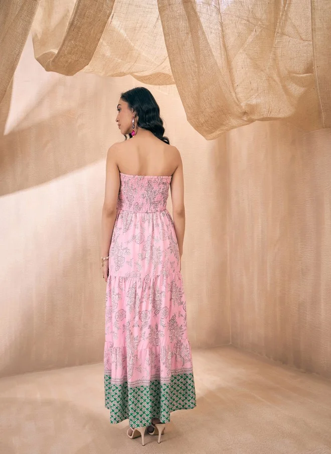 SASSAFRAS Pink Floral Strapless Maxi Dress for Women
