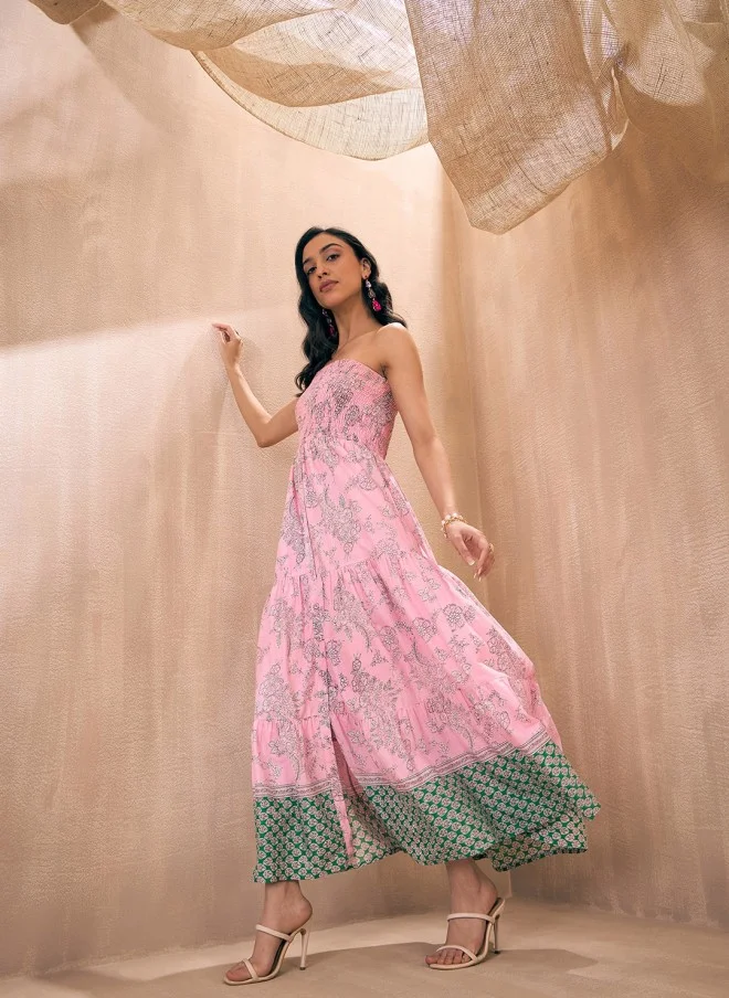 SASSAFRAS Pink Floral Strapless Maxi Dress for Women
