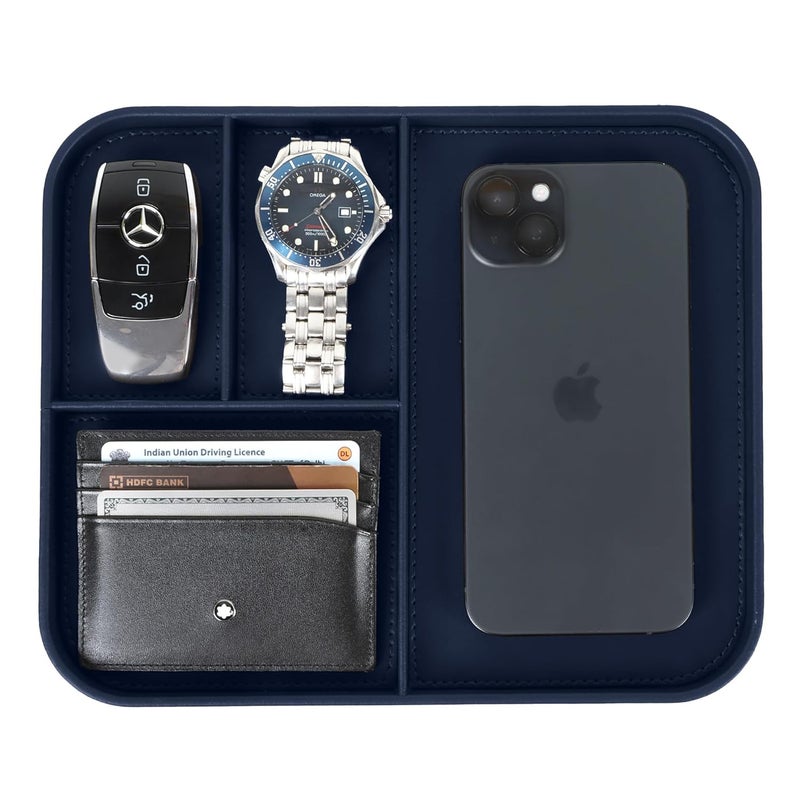 V-CUBE DESIGNS Premium Vegan Leather Valet Tray|Stylish & Modern Office Desk Tray| Table/Bedside/Entryway Organiser for Everyday Essentials Like Keys, Phone, Watch, Wallet, Jewellery|Spill-Proof|Blue - Image 1