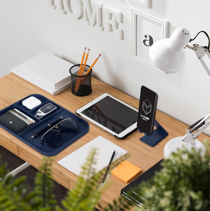 V-CUBE DESIGNS Premium Vegan Leather Valet Tray|Stylish & Modern Office Desk Tray| Table/Bedside/Entryway Organiser for Everyday Essentials Like Keys, Phone, Watch, Wallet, Jewellery|Spill-Proof|Blue - Image 3