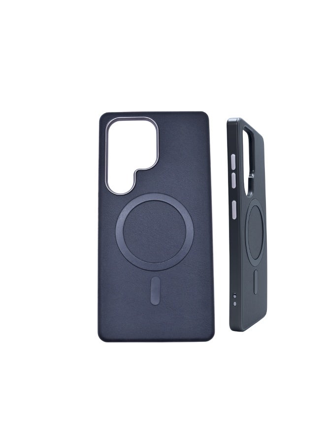 Leather-Look Magnetic Back Case for Samsung Galaxy S25 Ultra – Black Slim Protective Cover with Camera Guard - Image 1