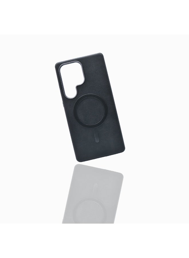 Leather-Look Magnetic Back Case for Samsung Galaxy S25 Ultra – Black Slim Protective Cover with Camera Guard - Image 2