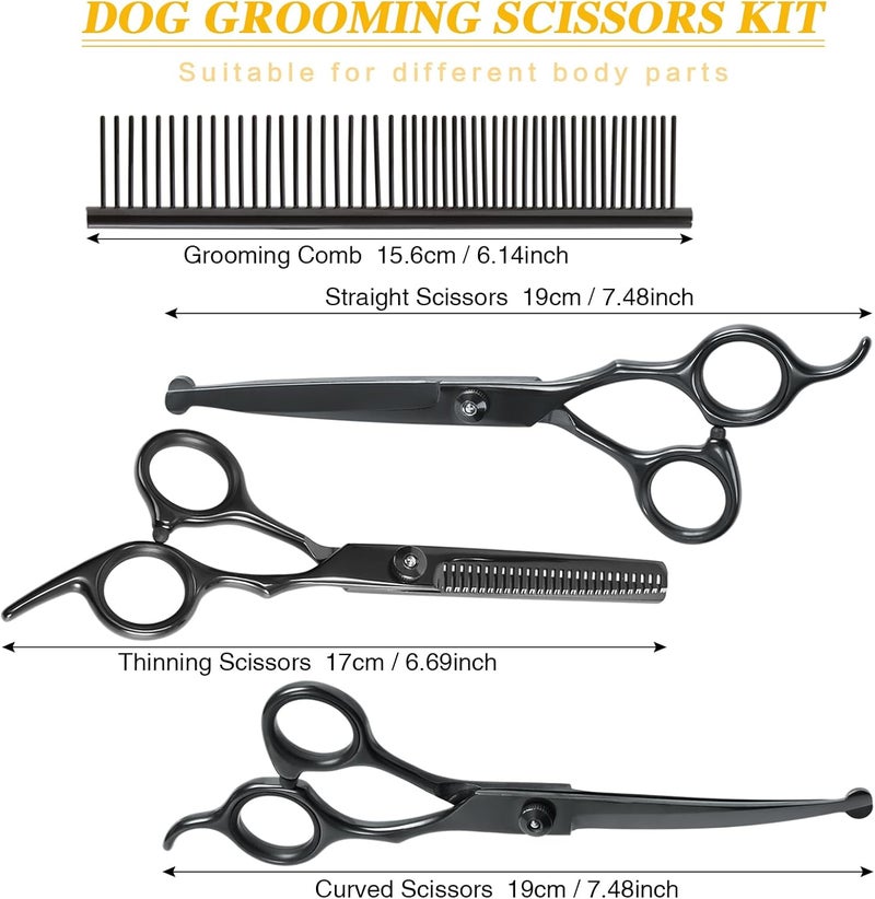maxshop Dog Grooming Scissors, Heavy Duty Titanium Pet Grooming Trimmer Kit, Professional Thinning Shears, Curved Scissors with Comb for Dogs and Cats (Black Set of 4) - Image 4