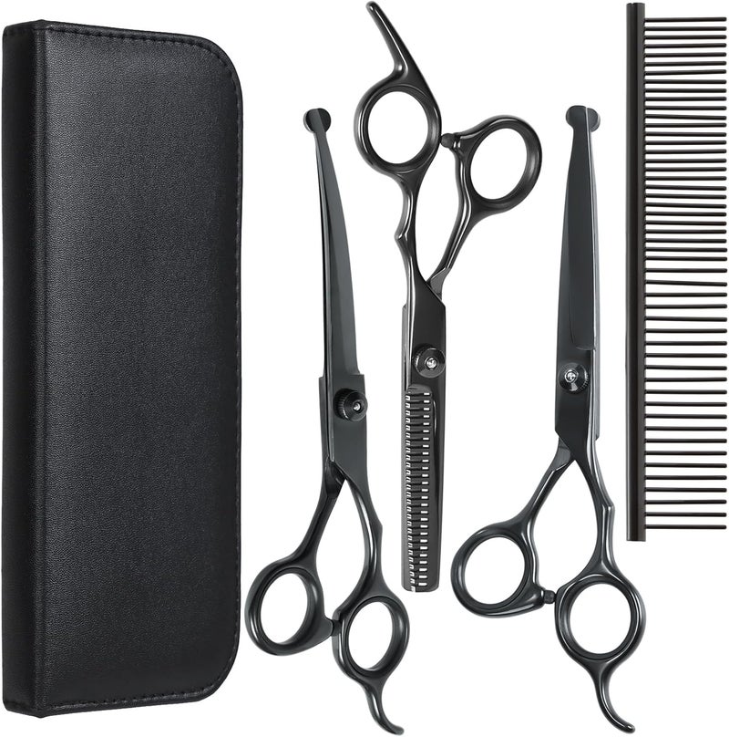 maxshop Dog Grooming Scissors, Heavy Duty Titanium Pet Grooming Trimmer Kit, Professional Thinning Shears, Curved Scissors with Comb for Dogs and Cats (Black Set of 4) - Image 1