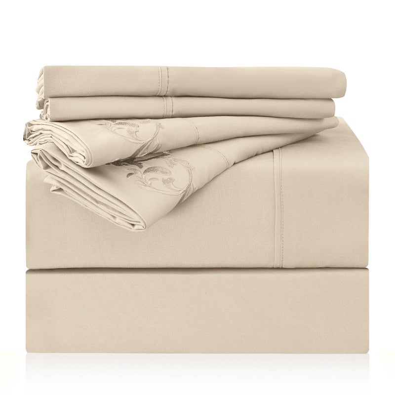LONAVA Queen Size Sheet Set - 6 Piece Hotel Luxury Wrinkle-Free Microfiber Sheet  Oeko-TEX Certified  Breathable & Elastic  16"" Deep Pockets  Beige - Image 1