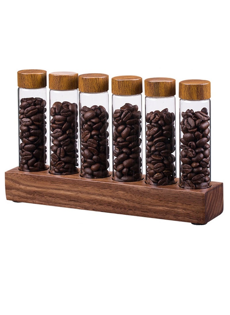 MIBRU - Coffee Bean Jars Canisters Coffee Storage Containers Walnut Solid Wood Base 6 Tubes Single Dose with Wooden Holder Coffee Bean Cellar Dosing Glass Vials With Lids Display Stand - Image 1