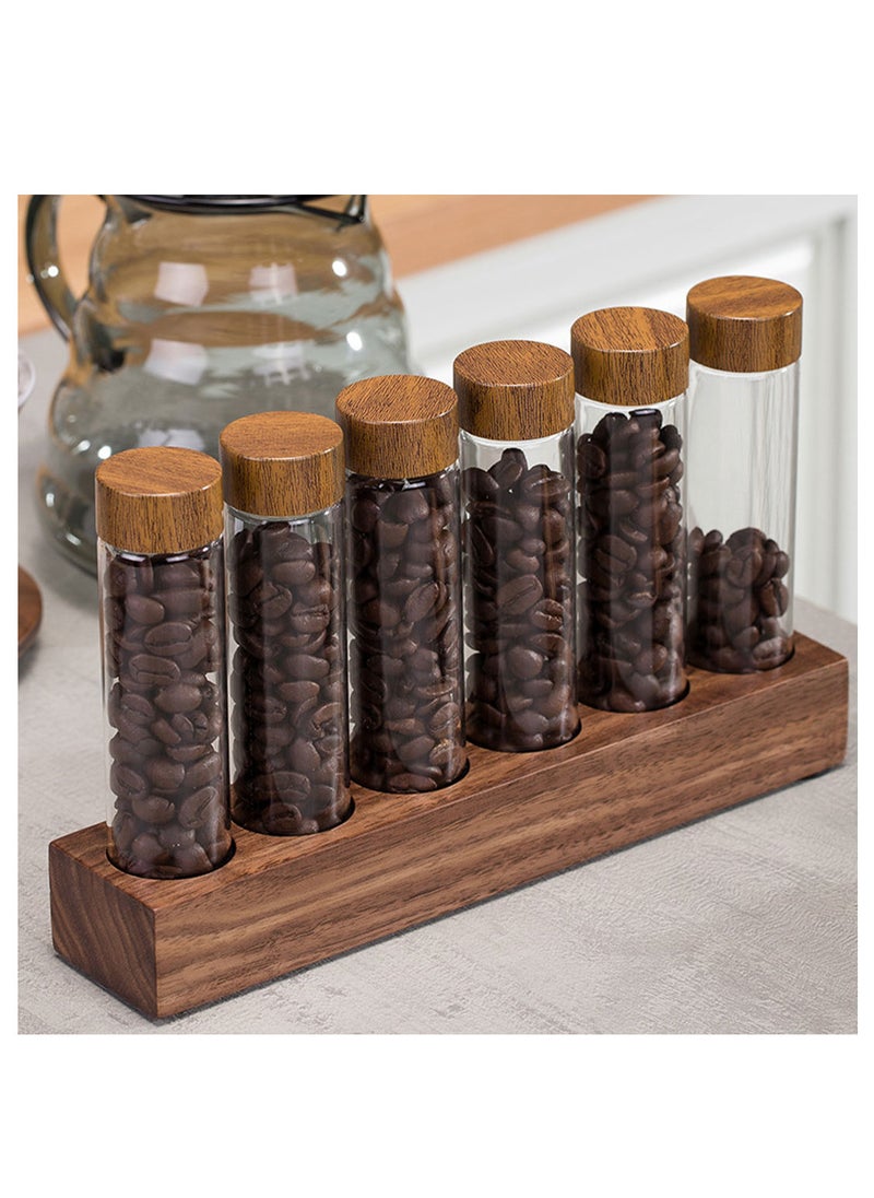 MIBRU - Coffee Bean Jars Canisters Coffee Storage Containers Walnut Solid Wood Base 6 Tubes Single Dose with Wooden Holder Coffee Bean Cellar Dosing Glass Vials With Lids Display Stand - Image 1