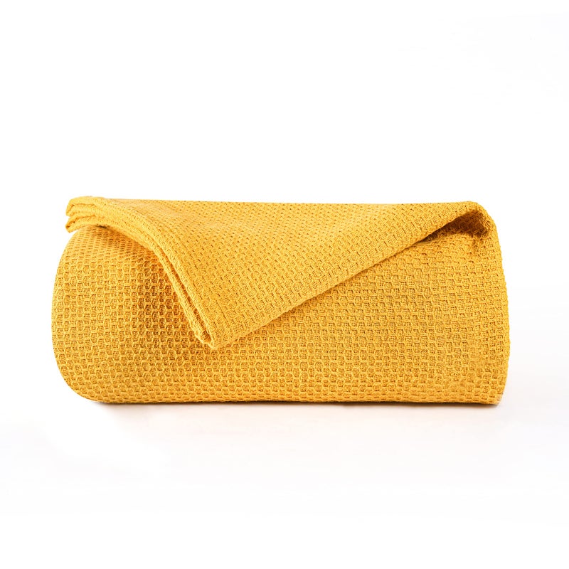 BOUTIQUO 100 Cotton Bed Blanket Breathable Thermal Full  Queen Size Soft Honeycomb Waffle Blanket 90x90 Perfect for Layering Any Bed for All Season Mustard Yellow