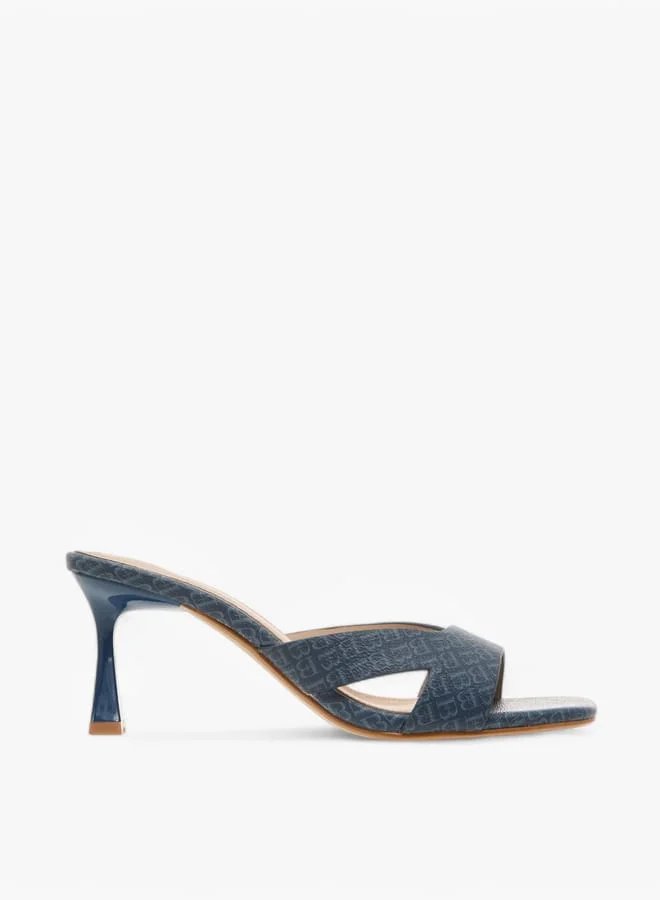 Flora Bella By Shoexpress Women Monogram Print Slip-On Sandals with Flared Heels
