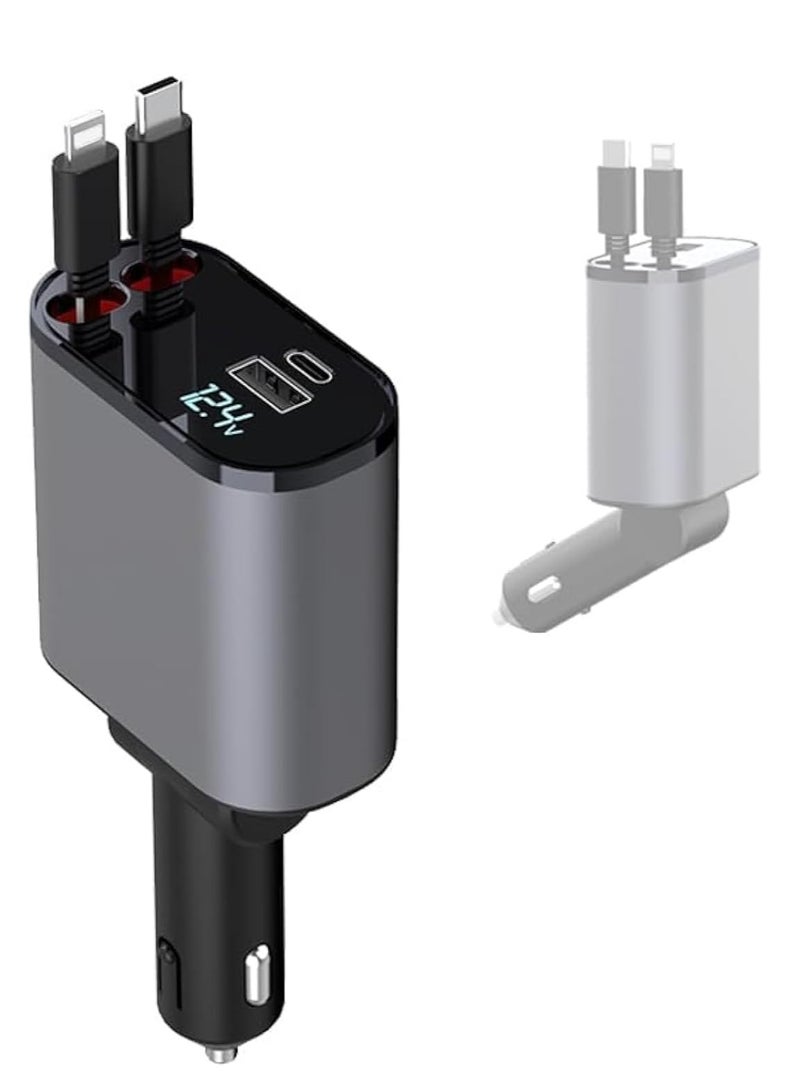 ELTRAZONE 4-in-1 Car Charger with Dual Retractable Cable, Dual Port USB C PD Fast Charging Car Adapter Car Cigarette Lighter Adapter with Voltage Display Compatible with iPhone 14 13 Pro Max, iPad, Samsung - Image 1