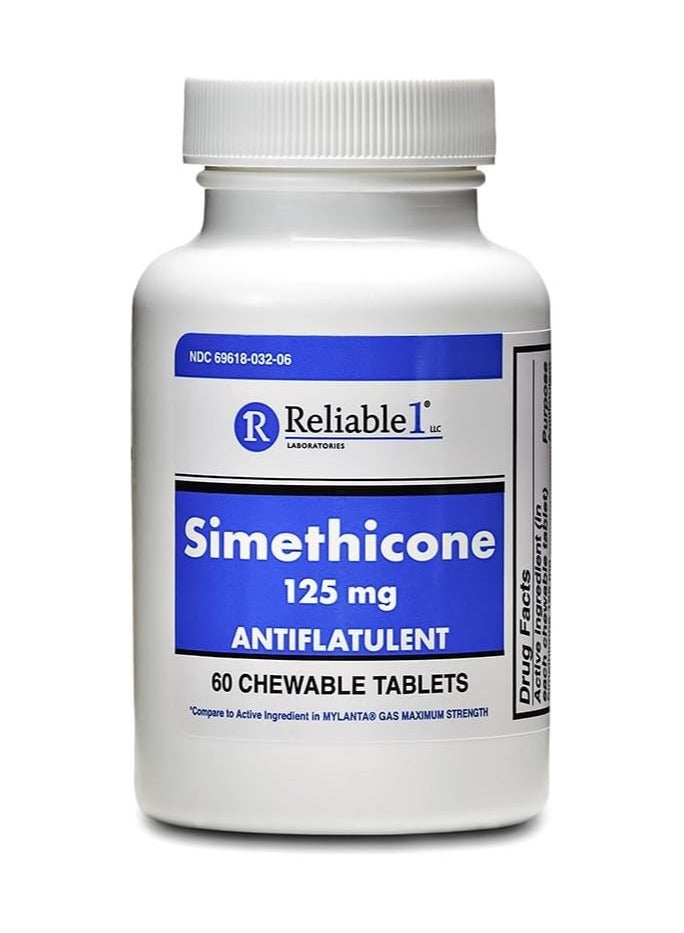Reliable-1 Laboratories Reliable-1 Laboratories Simethicone 125mg Gas Relief Tablets Extra Strength Bloating Relief Gas Pills | Anti Flatulence, Rapid Gas Relief for Adults | Peppermint Flavor | 60 Chewable Tablets 