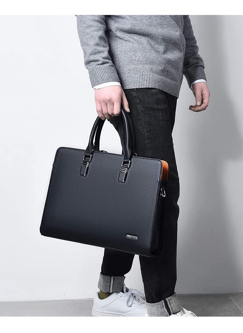 SYOSI - Black Business Bag Leather Briefcase Shoulder Laptop Office Bag Messenger Bag Removable and Adjustable Shoulder Strap Travel Bag for Men - Image 1