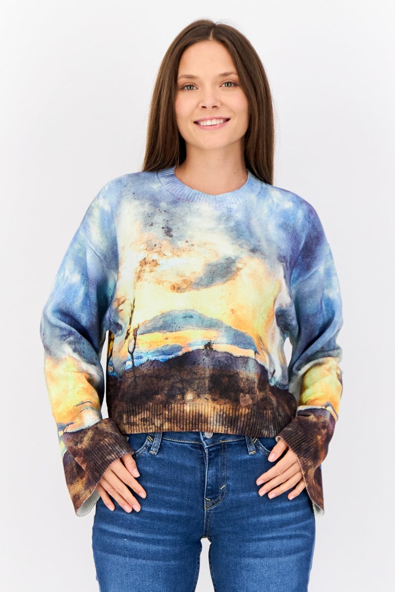 ESPRIT Women Ribbed Collar Graphic Printed Sweater, Multicolor - Image 1