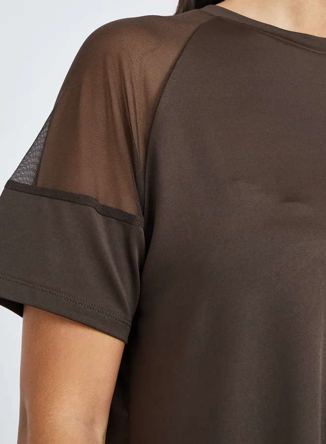 Styli Active  Shoulder Mesh Panel Insert Oversized Yoga Top for Women | Best Price UAE