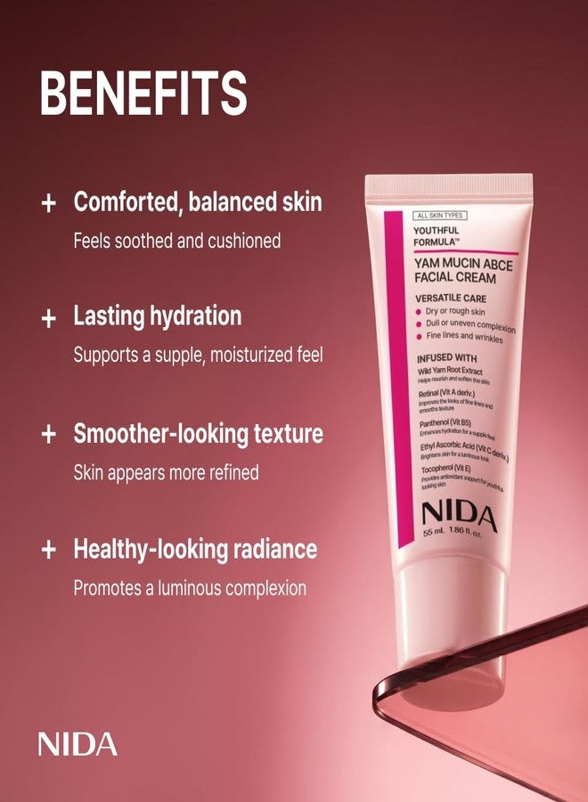 NIDA Youthful Formula™ Yam Mucin ABCE Facial Cream | Wild Yam Root Extract, Retinal, Panthenol, Ethyl Ascorbic Acid, Tocopherol | Hydration, Wrinkles, Dry Skin | 1.86 fl. oz., 55ml - Image 3