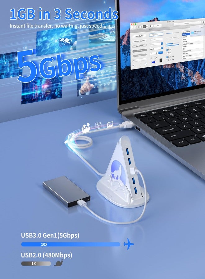 JoyReken USB Hub 3.0, 7-Port USB Hub with RGB Night Light and Base, Vertical USB a Splitter for Desktop,Laptop, MacBook, Game Console, Flash Drive, XPS, PC, Printer, Camera, Keyboard（White+Base） - Image 5