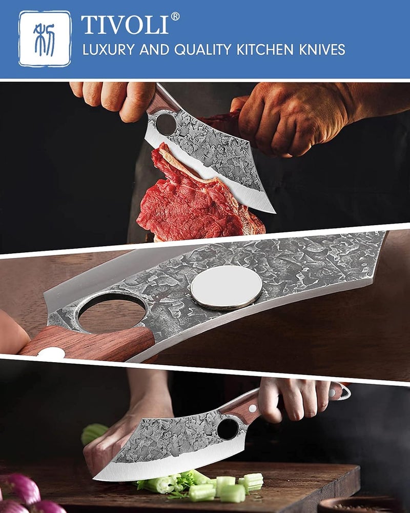 Tivoli Meat Cleaver Knife, Hand Forged Full Tang Butcher knife for Meat Cutting, High Carbon Steel Viking Knife with Sheath for Kitchen Outdoor Camping BBQ Father's Day Christmas Gift Men Women - Image 3