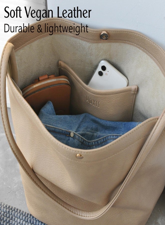 هوكسيس حقائب هوبو نسائية من الجلد النباتي، حقائب دلو، حقائب كتف بسيطة (لون بيج) - Image 5