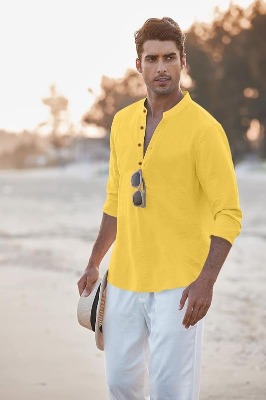 Macsivo Men's Cotton Blend Henley Short Kurta with Mandarin Collar Long Sleeeve Button Closure Curved Hem Regular Fit | Kurta for Men Stylish Yellow - Image 4