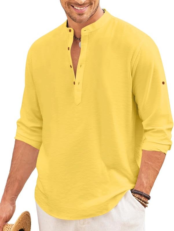 Macsivo Men's Cotton Blend Henley Short Kurta with Mandarin Collar Long Sleeeve Button Closure Curved Hem Regular Fit | Kurta for Men Stylish Yellow - Image 1