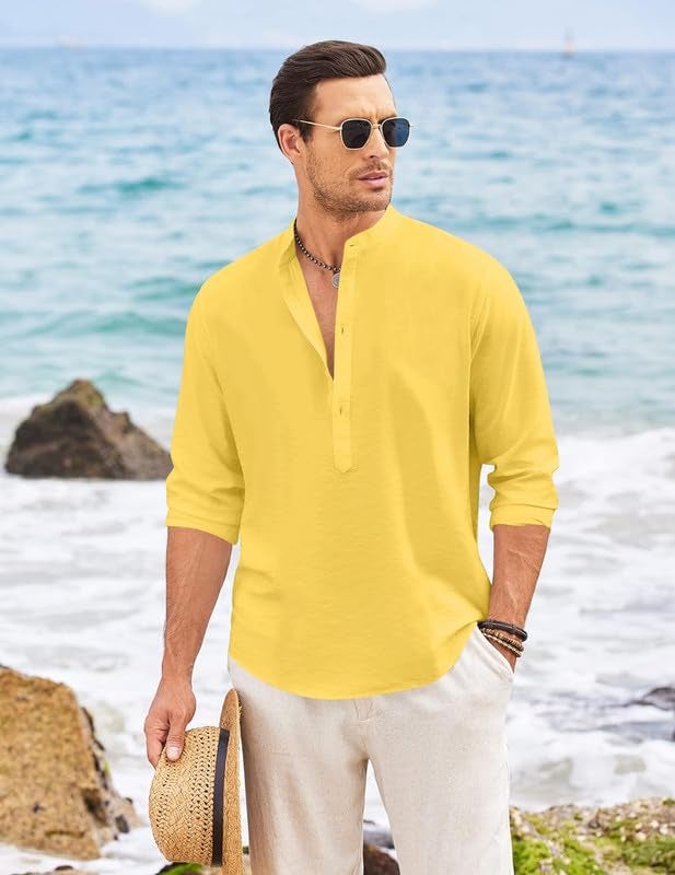 Macsivo Men's Cotton Blend Henley Short Kurta with Mandarin Collar Long Sleeeve Button Closure Curved Hem Regular Fit | Kurta for Men Stylish Yellow - Image 3
