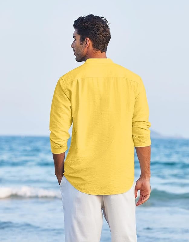 Macsivo Men's Cotton Blend Henley Short Kurta with Mandarin Collar Long Sleeeve Button Closure Curved Hem Regular Fit | Kurta for Men Stylish Yellow - Image 2