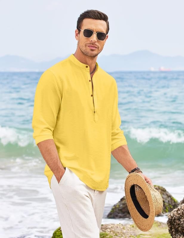Macsivo Men's Cotton Blend Henley Short Kurta with Mandarin Collar Long Sleeeve Button Closure Curved Hem Regular Fit | Kurta for Men Stylish Yellow - Image 5