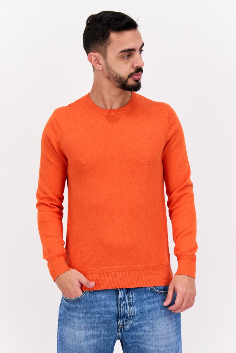 SELECTED سويت شيرت رجالي بأكمام طويلة وياقة دائرية، برتقالي - Image 1