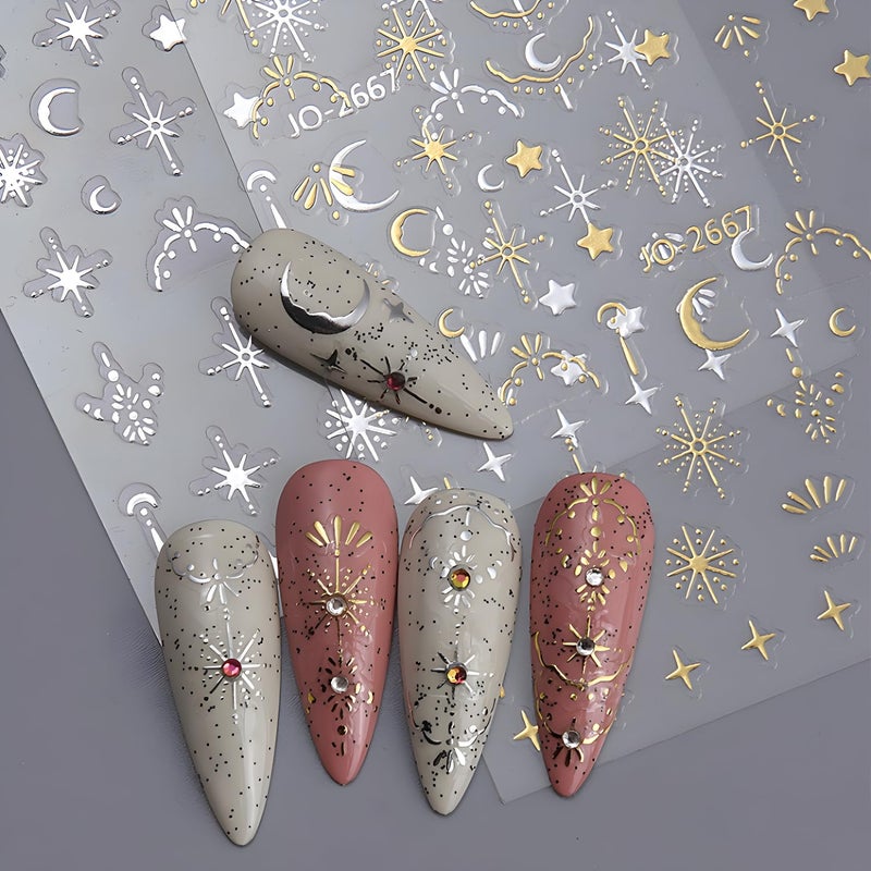 Namrec 12 Sheets Silver Gold Moon Star Nail Art Stickers - 3D Self Adhesive Decals for Design and Decoration - Supplies Accessories for Women - Image 2