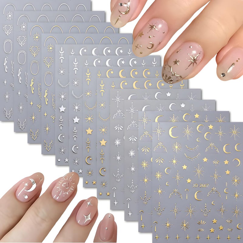 Namrec 12 Sheets Silver Gold Moon Star Nail Art Stickers - 3D Self Adhesive Decals for Design and Decoration - Supplies Accessories for Women - Image 1
