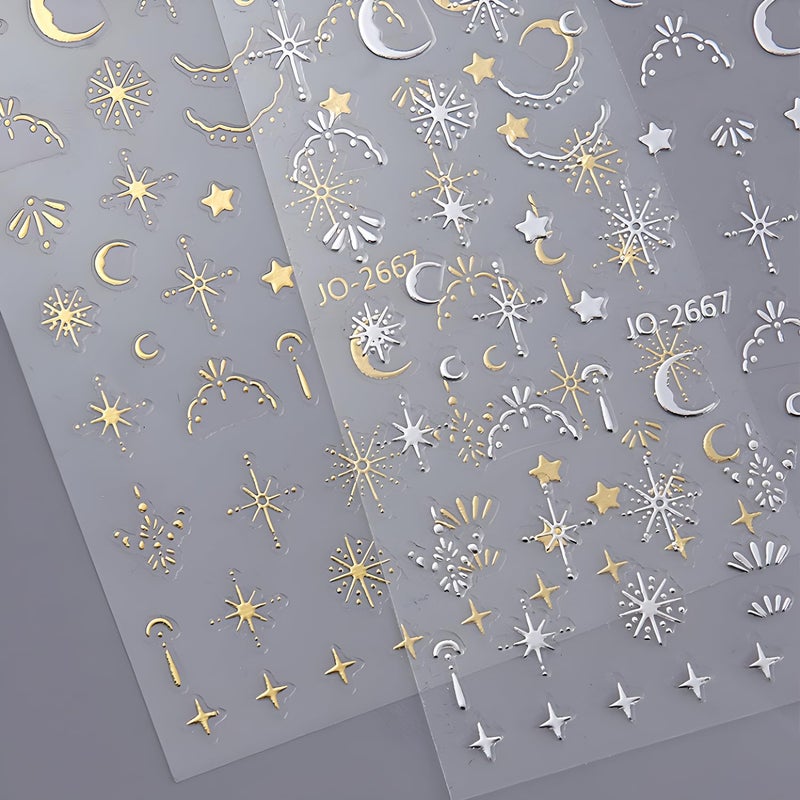 Namrec 12 Sheets Silver Gold Moon Star Nail Art Stickers - 3D Self Adhesive Decals for Design and Decoration - Supplies Accessories for Women - Image 3