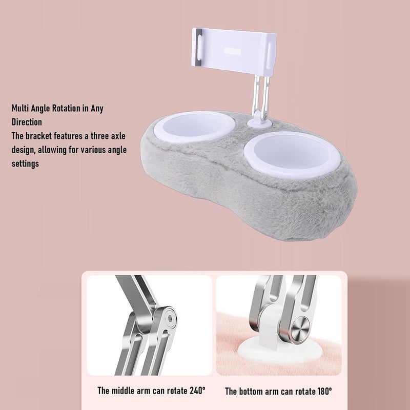 GOWENIC Tablet Pillow Stand, 360 Degree Rotating Phone Holder, Soft Plush Fabric, Detachable Bowl, for Hands Free Reading and Relaxation on Bed, Couch, Recliner (Double Bowl Light Gray (4-13 - Image 3