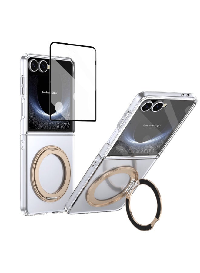 جراب مغناطيسي لهاتف Samsung Galaxy Z Flip 7، مع واقي شاشة وحامل دوار، وشحن لاسلكي، لون ذهبي صحراوي - Image 1