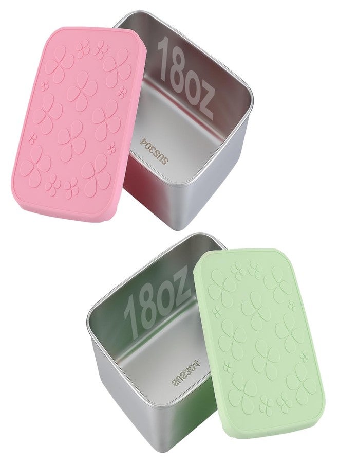 Alphatool 2pcs 18oz Stainless Steel Snack Containers - Leakproof Reusable Lunch Box with Silicone Lids for Kids, Portable Bento Box Food Containers for Daycare School Office, Pink & Green - Image 1