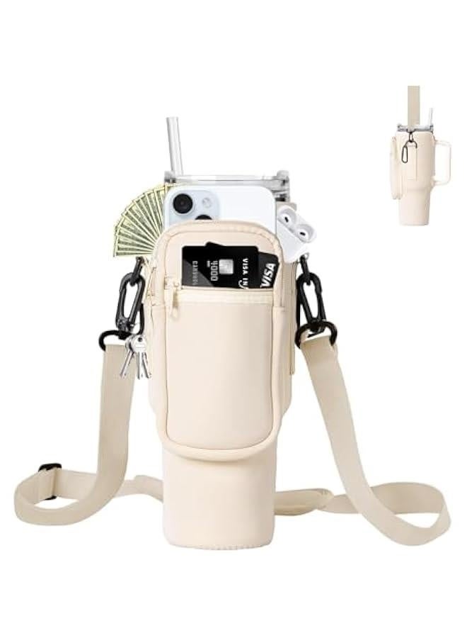 Water Bottle Holder w/ Strap for Stanley 40 oz Tumbler w/ Handle, w/ Cell Phone Pocket and Adjustable Shoulder Strap Tumbler Accessories for Stanley-Water Bottle Sleeve For Outdoors (White)  - Image 1