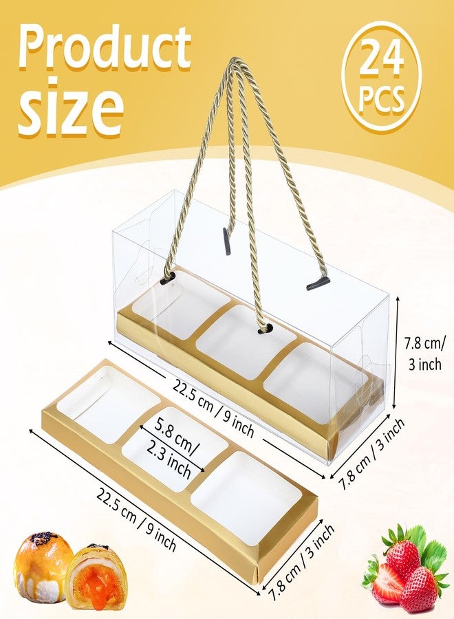 Chiisong علب كب كيك شفافة من تشيسونغ، 24 قطعة، 9 × 3 × 3 بوصة، علب تغليف معجنات محمولة، علب مثلثة الشكل بمقبض حبل، 3 أقسام داخلية، حاويات مخبوزات جاهزة (ذهبي) - Image 2
