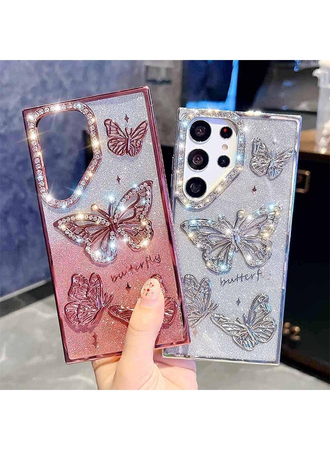 Girly Designed for Samsung Galaxy S25 Ultra Bling Case 6.9",Butterfly Cute Diamond 3D Glitter Plated Slim Case Luxury Shockproof Protection Cover for Women Girls(Silver) - Image 3