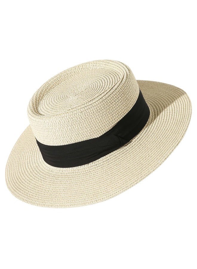 Lanzom UPF50+ Women Wide Brim Straw Panama Sun Hat Boater Summer Beach Sun Hat, Beige, M - Image 3