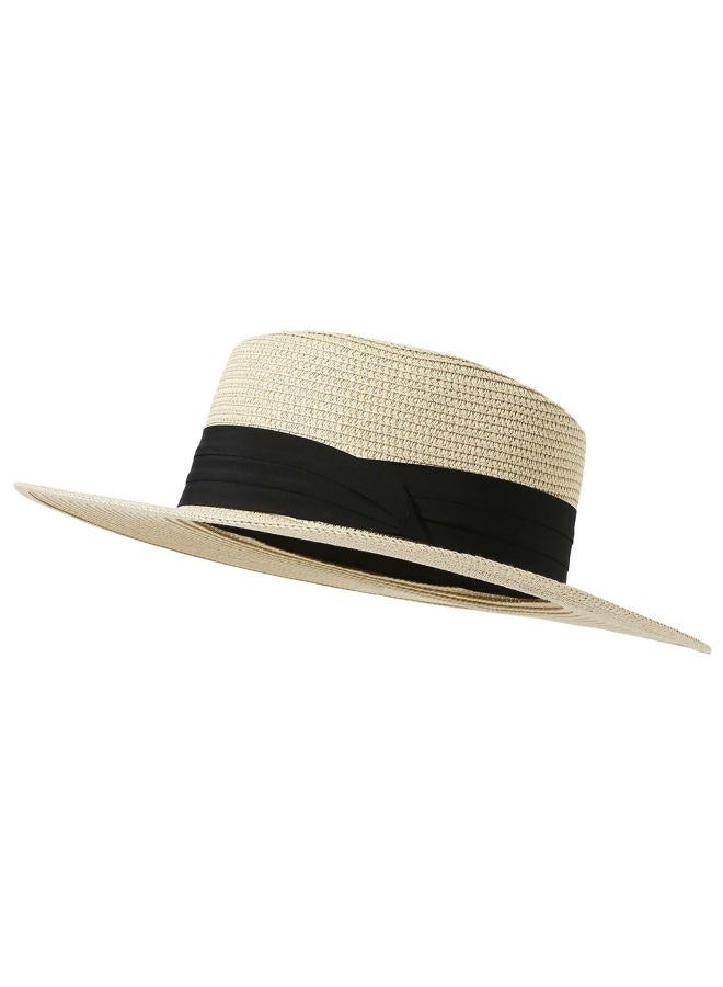 Lanzom UPF50+ Women Wide Brim Straw Panama Sun Hat Boater Summer Beach Sun Hat, Beige, M - Image 4