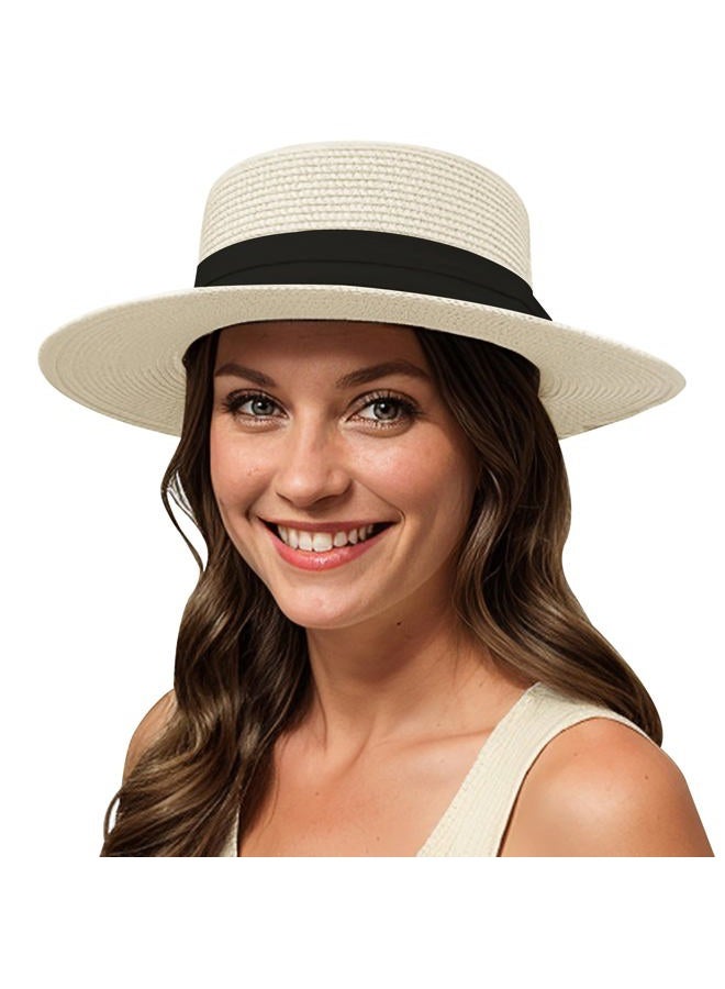Lanzom UPF50+ Women Wide Brim Straw Panama Sun Hat Boater Summer Beach Sun Hat, Beige, M - Image 1