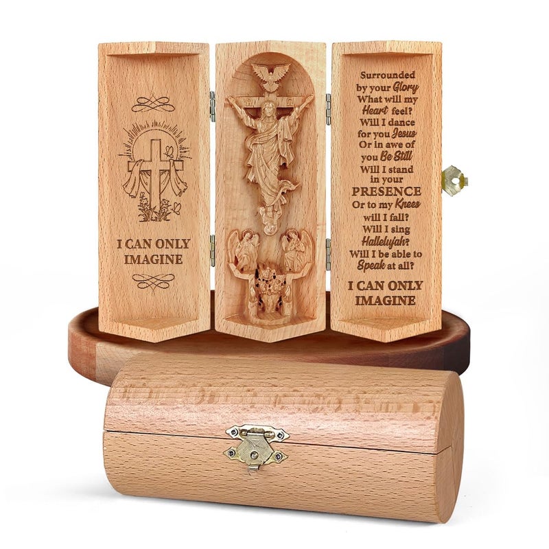 Jesuspirit - Our Father in Heaven Christian Decor  Catholic Wooden Statue  Sculpture Nativity Family  Statue of Jesus  Home Decor - Openable Wooden Cylinder Sculpture of Jesus (I Can Only Imagine) - Image 1