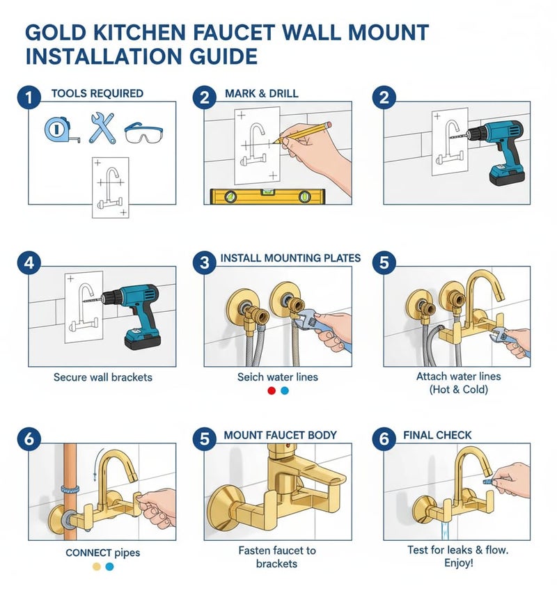 Taptree Luxury Gold Finish Kitchen Faucet - Wall Mount Dual Handle Kitchen Sink Tap with Premium Brass Body - Modern Golden Kitchen Water Faucet - Easy Install Wall Mounted Kitchen Faucet with Aerator - Image 4