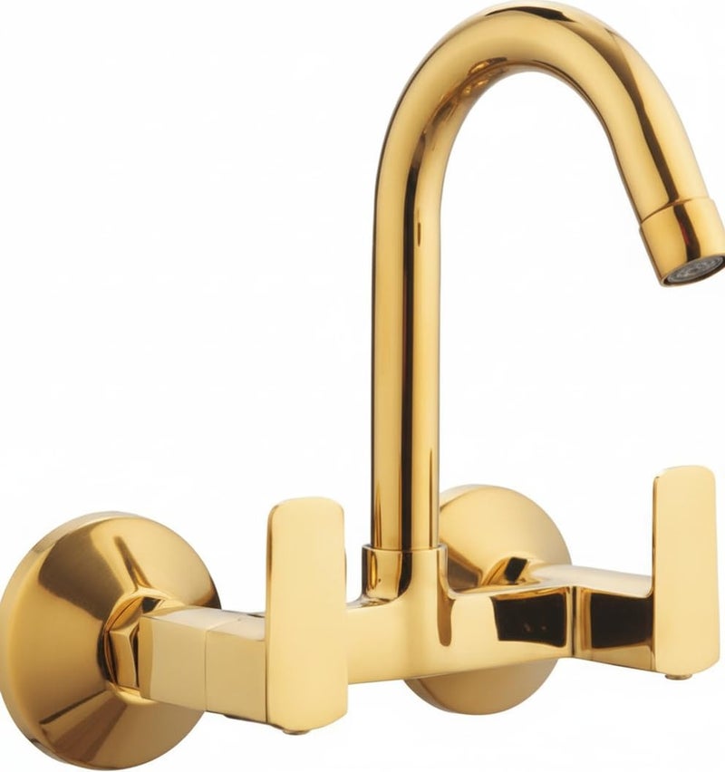 Taptree Luxury Gold Finish Kitchen Faucet - Wall Mount Dual Handle Kitchen Sink Tap with Premium Brass Body - Modern Golden Kitchen Water Faucet - Easy Install Wall Mounted Kitchen Faucet with Aerator - Image 1