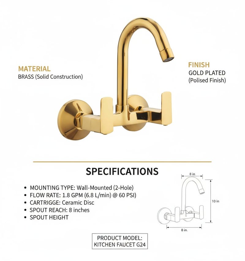 Taptree Luxury Gold Finish Kitchen Faucet - Wall Mount Dual Handle Kitchen Sink Tap with Premium Brass Body - Modern Golden Kitchen Water Faucet - Easy Install Wall Mounted Kitchen Faucet with Aerator - Image 2