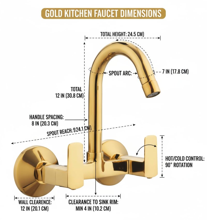 Taptree Luxury Gold Finish Kitchen Faucet - Wall Mount Dual Handle Kitchen Sink Tap with Premium Brass Body - Modern Golden Kitchen Water Faucet - Easy Install Wall Mounted Kitchen Faucet with Aerator - Image 5